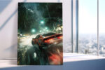 Red sports car racing through a rain-soaked night city in deep teal and neon, bold digital art canvas print