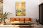 Birch tree trunks in golden amber and off-white impasto oil painting, autumn forest wall art canvas for living room