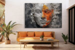 Cracked plaster face with vivid orange paint drips, dramatic digital art canvas for living room or home office
