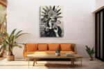 Monochromatic mixed-media female figure with spiked headdress and mask overlay, bold eclectic portrait canvas print