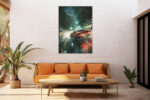 Red sports car racing through a rain-soaked night city in deep teal and neon, bold digital art canvas print