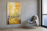 Birch tree trunks in golden amber and off-white impasto oil painting, autumn forest wall art canvas for living room
