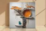 Teal cat on white shelf beside sculptural tree with vivid orange pod, whimsical digital art canvas for living room
