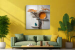 Teal cat on white shelf beside sculptural tree with vivid orange pod, whimsical digital art canvas for living room