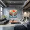 Layered papercraft mountain sunrise with pine trees in vermillion and teal, bold wall art canvas for living room