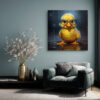 Bespectacled duckling standing in a rain puddle, vivid yellow and teal, whimsical digital art canvas print