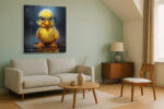 Bespectacled duckling standing in a rain puddle, vivid yellow and teal, whimsical digital art canvas print