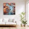 Aerial canyon waterway with vein-like rock patterns in burnt sienna and cerulean blue, digital art canvas for living room