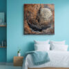 Sailing ship before a glowing orb etched with script, burnt sienna and copper mixed-media canvas wall art