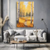 Birch tree trunks framing an autumn forest path in golden amber and burnt orange, acrylic landscape wall art canvas