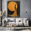 Woman in profile against a golden moon with bare trees, amber illustration wall art canvas for bedroom or living room
