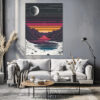 Retro synthwave mountain landscape with halftone moon, magenta-pink sky and scan-line horizon, portrait canvas wall art