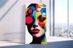 Female face split into black silhouette and vivid geometric color blocks, pop art portrait canvas for living room