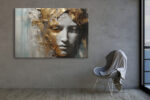 Sculptural face with gold leaf fragments and grey tones, dramatic mixed-media portrait canvas for living room