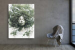 Woman's face merging with botanical foliage in sage and forest green, serene digital art portrait canvas for bedroom