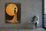 Woman in profile against a golden moon with bare trees, amber illustration wall art canvas for bedroom or living room