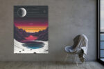 Retro synthwave mountain landscape with halftone moon, magenta-pink sky and scan-line horizon, portrait canvas wall art