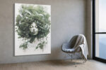 Woman's face merging with botanical foliage in sage and forest green, serene digital art portrait canvas for bedroom