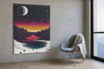 Retro synthwave mountain landscape with halftone moon, magenta-pink sky and scan-line horizon, portrait canvas wall art