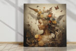 Woman's profile with botanical crown of doves, butterflies and vines in warm earthy tones, bohemian portrait canvas wall art