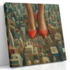 Giant red high-heel shoes over a tilt-shift miniature cityscape, bold surreal digital art canvas for living room