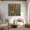 Giant red high-heel shoes over a tilt-shift miniature cityscape, bold surreal digital art canvas for living room