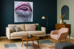 Metallic pink and crystal rhinestone lips digital art, bold glamour wall art canvas for bedroom or dressing room