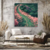 Aerial winding path through pink flowering bushes and dark green canopy, romantic illustration-style square canvas print
