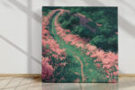 Aerial winding path through pink flowering bushes and dark green canopy, romantic illustration-style square canvas print