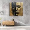 Close-up face with closed eyes in warm gold and near-black, dramatic drip strokes, portrait oil painting wall art canvas