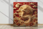 Dragon with chrysanthemums and wave motifs in crimson and gold, maximalist East Asian square canvas wall art
