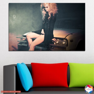 Woman in Red by Vintage Car Canvas Print